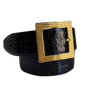 Kleinberg Sherrill American Alligator Belt Navy Gold Buckle Womens M Made in USA